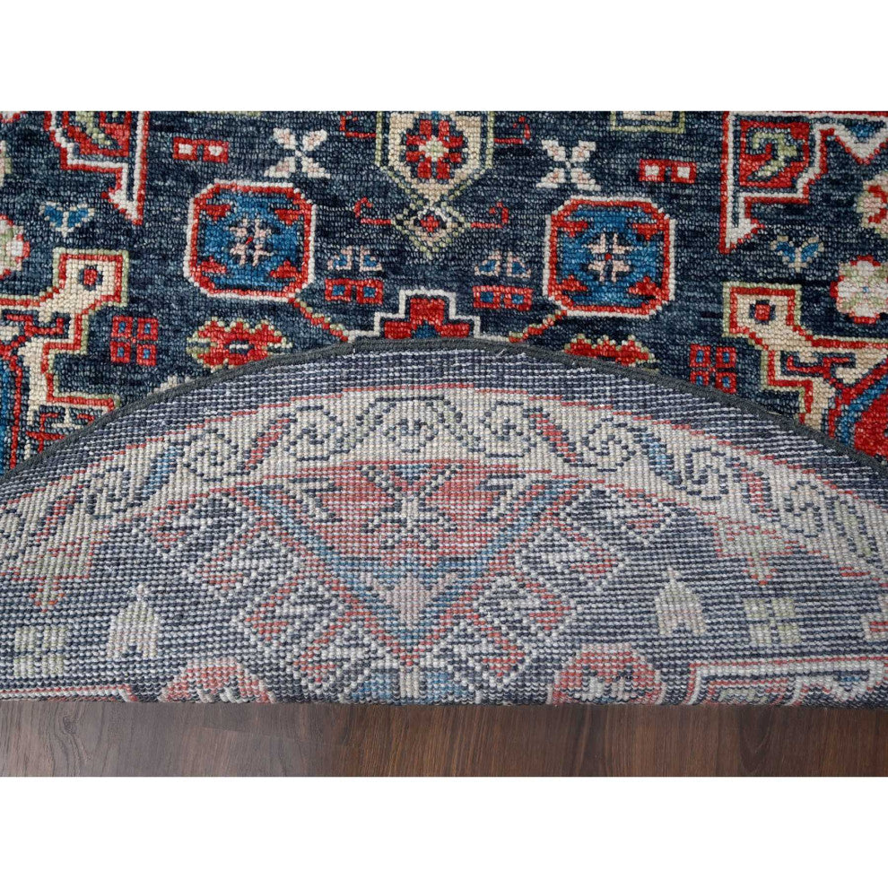 Charcoal Black Karajeh Heriz Pure Wool Hand Knotted Round Oriental Rug 7'9"x7'9"
