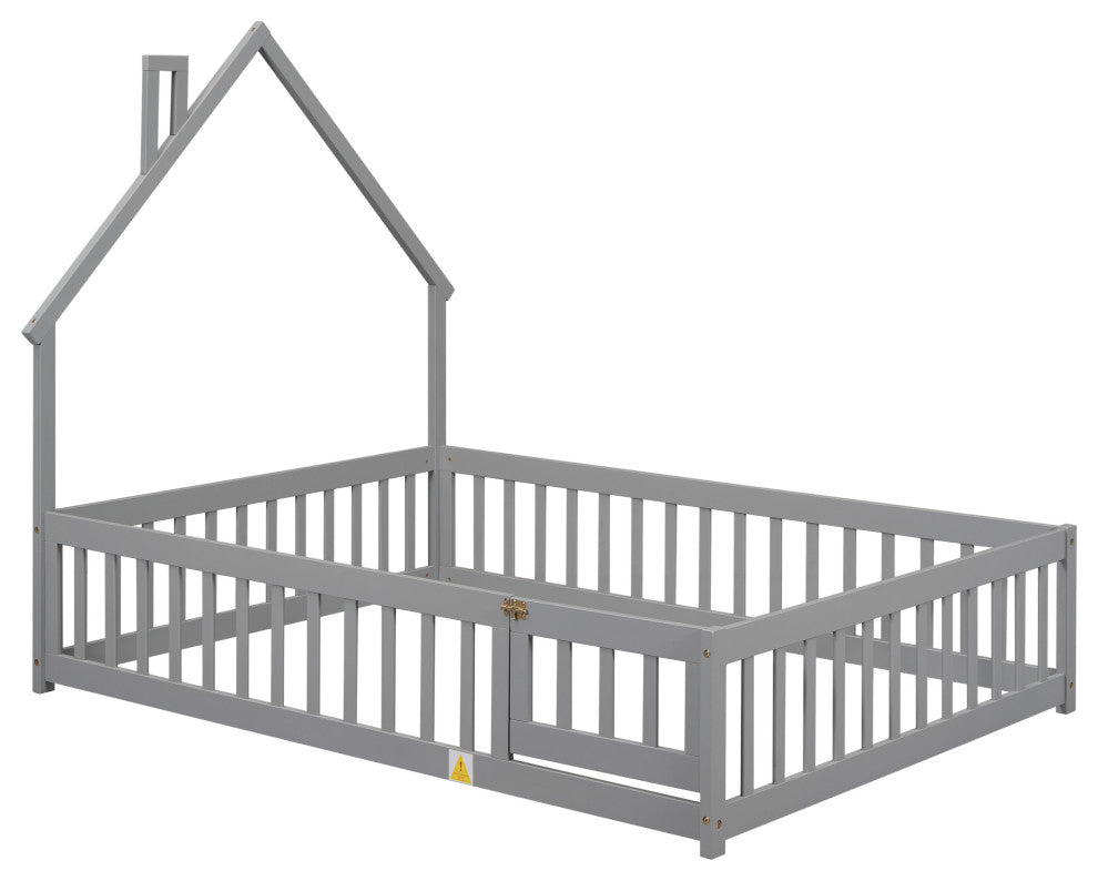 Gewnee Full House-Shaped Headboard Floor Bed with Fence