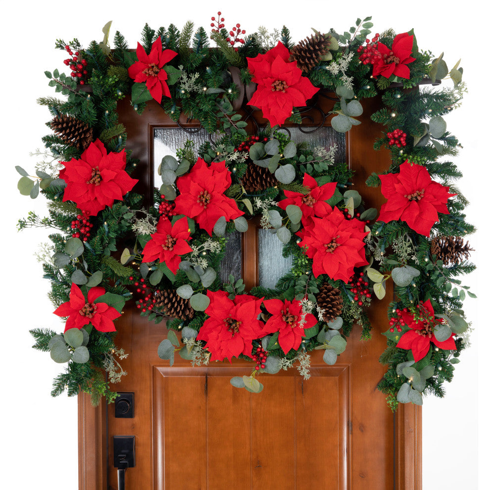 9' Artificial Christmas Garland with Lights, Christmas Poinsettia