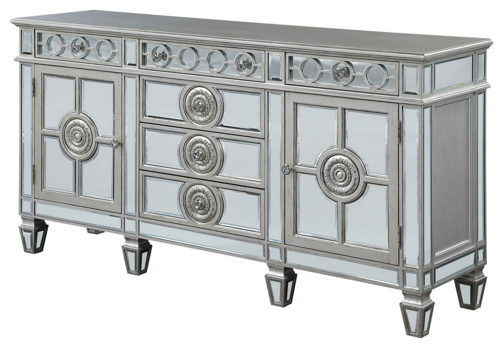 Benzara BM263898 Server With 6 Mirrored Drawers and 2 Single Doors, Silver