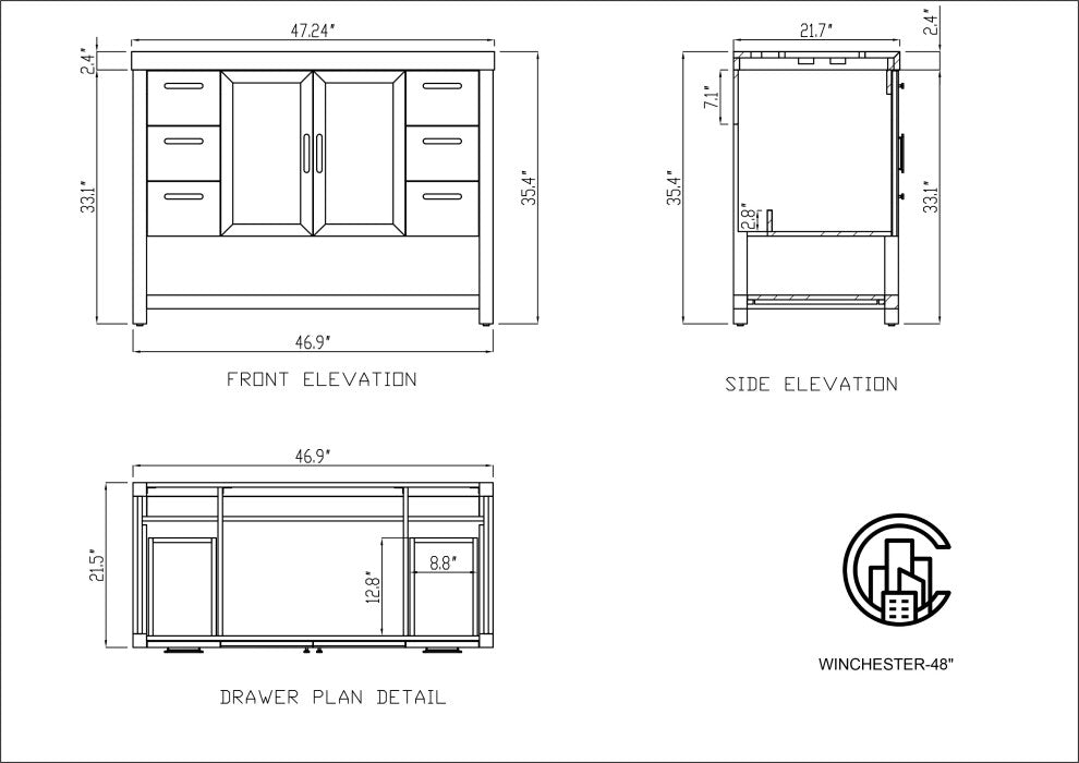 WINCHESTER Freestanding Modern Bathroom Vanity, Pecan Oak, 48", Black Countertop