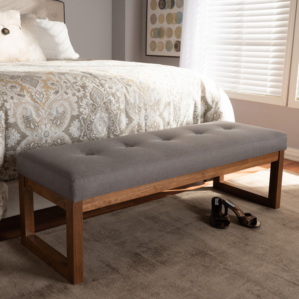 Caramay Fabric Walnut Brown Wood Bench, Gray