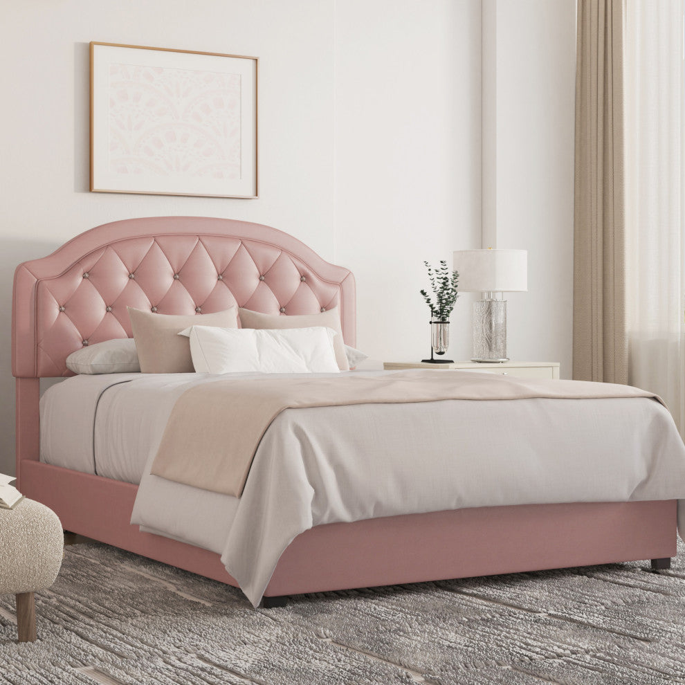 Karley Upholstered Bed, Pink Faux Leather, Full