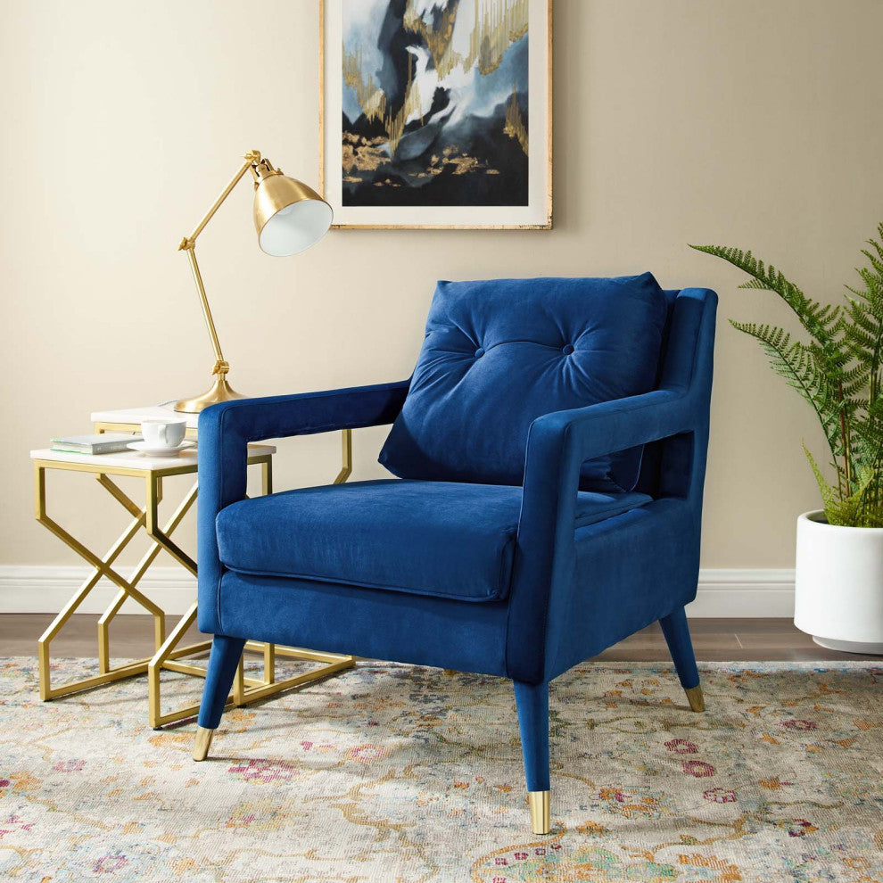 Modern Lounge Accent Side Chair Armchair, Velvet Fabric Wood, Navy Blue