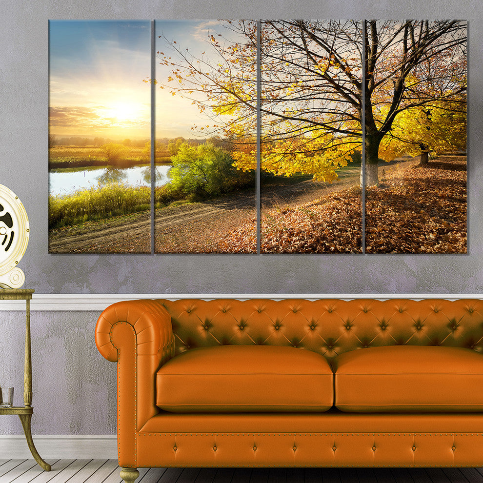 Beautiful Road by the River, Large Landscape Canvas Art, 48"x28", 4 Panels