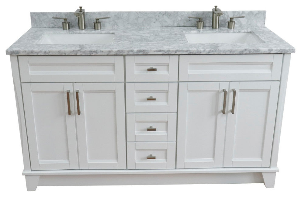 61" Double Sink Vanity, White Finish And White Carrara Marble