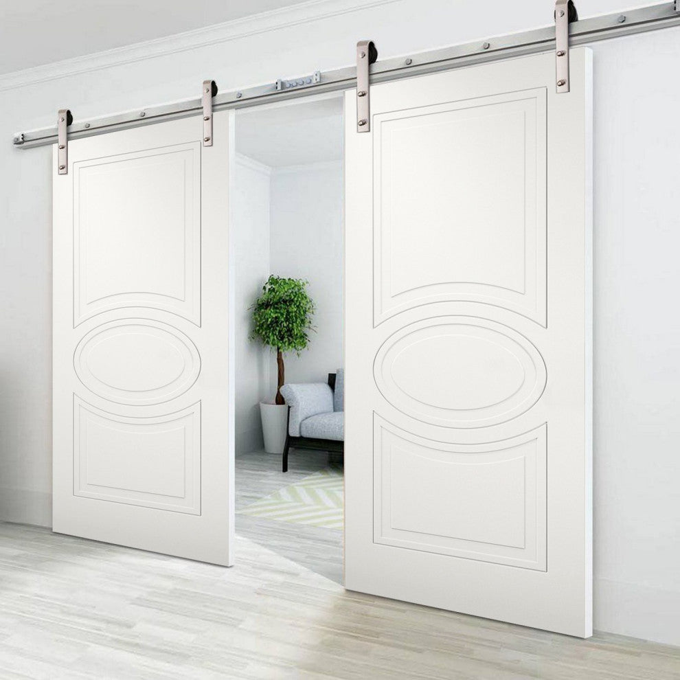 Double Barn Doors / Mela 7001 Matte White / Silver 13FT Rail, 64" X 84" ( 2* 32x84)