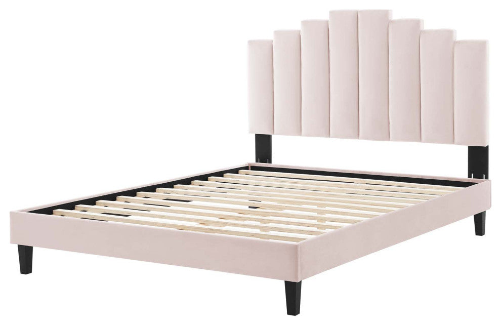 Platform Bed Frame, King Size, Velvet, Pink, Modern Contemporary, Bedroom Master