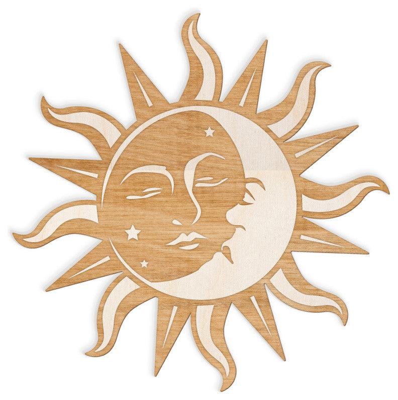 Sun Moon Face Engraved Cut Wood Sign, 8"x8"