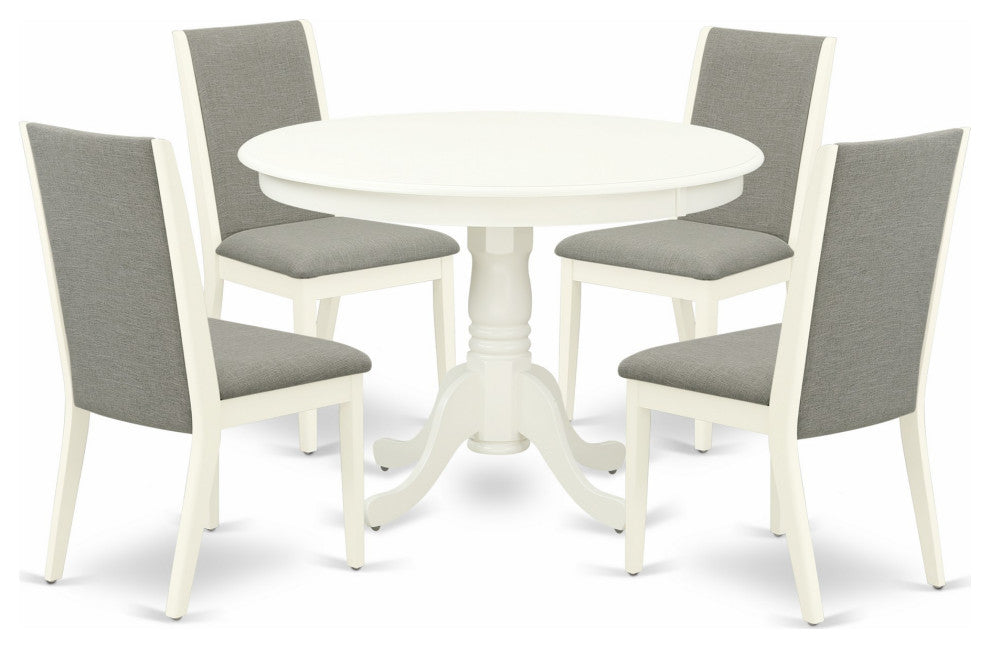 5Pc Dining Set 4 Chairs, Round Table Solid Wood Structure High Back, Linen White