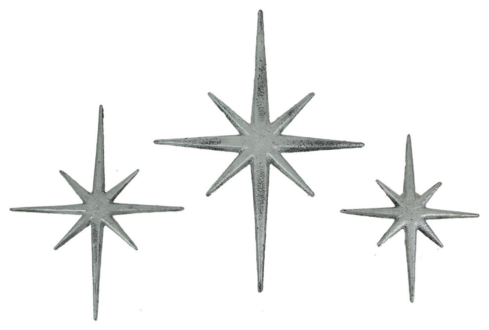 Set of 3 Metallic Silver Cast Iron Starburst Wall Hangings 8 Pointed Stars