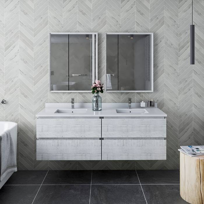 Fresca Formosa Modern 60" Rustic White Double Sink Vanity Set, Faucet Fft1030ch