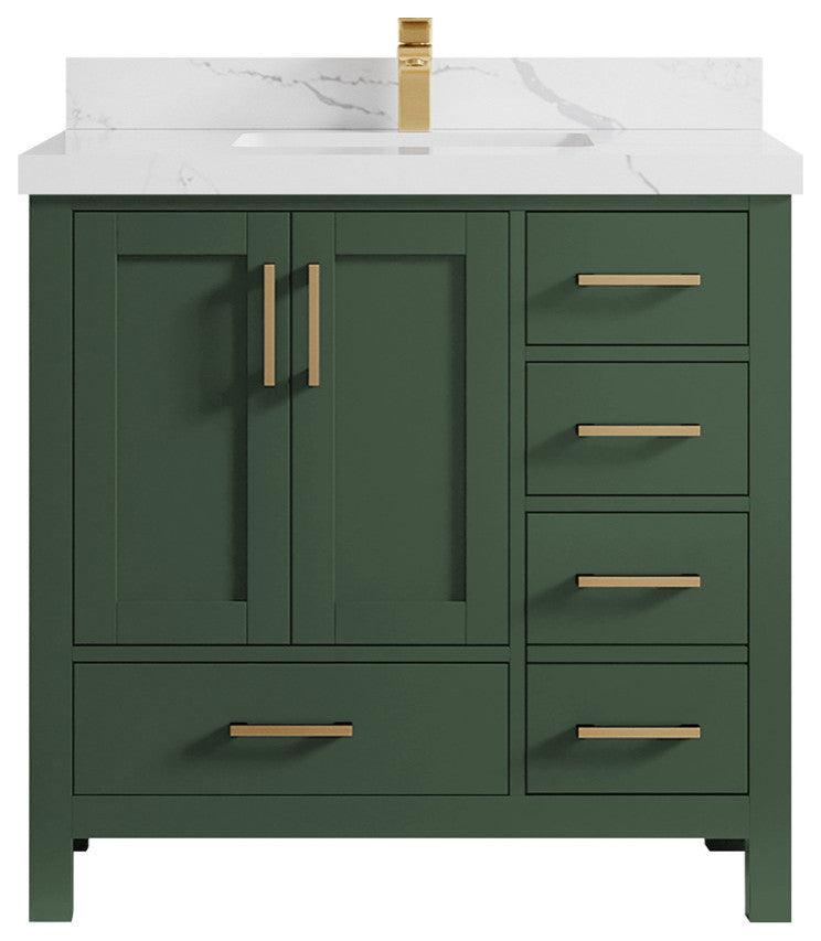 Malibu 36 Center Sink Bath Vanity in Lafayette Green 2" Calacatta Laza