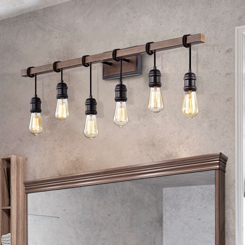 Amber 6-light Wall Sconce in Antique Black and Faux Wood Grain Finish