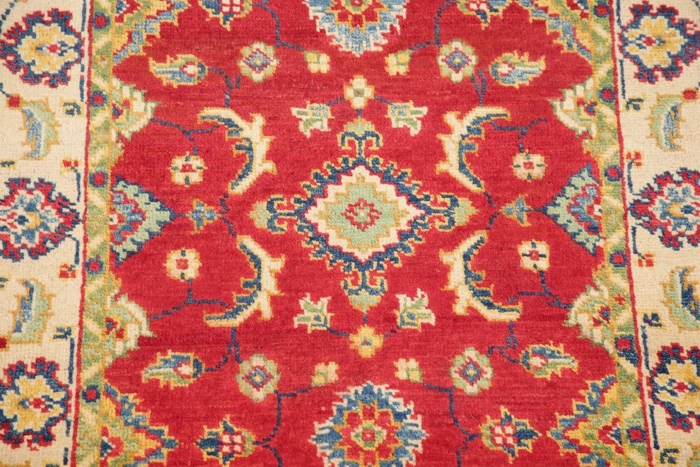 Hand-Knotted Oriental Pakistani Kazak Traditional Wool Area Rug, Red, 4'4"X2'8"