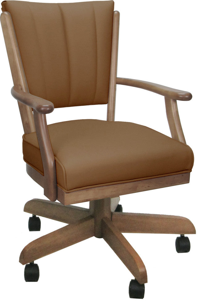 Leather Swivel Wood Dining Caster Chair with Wheels - Classic, Brown Leather on Cashew