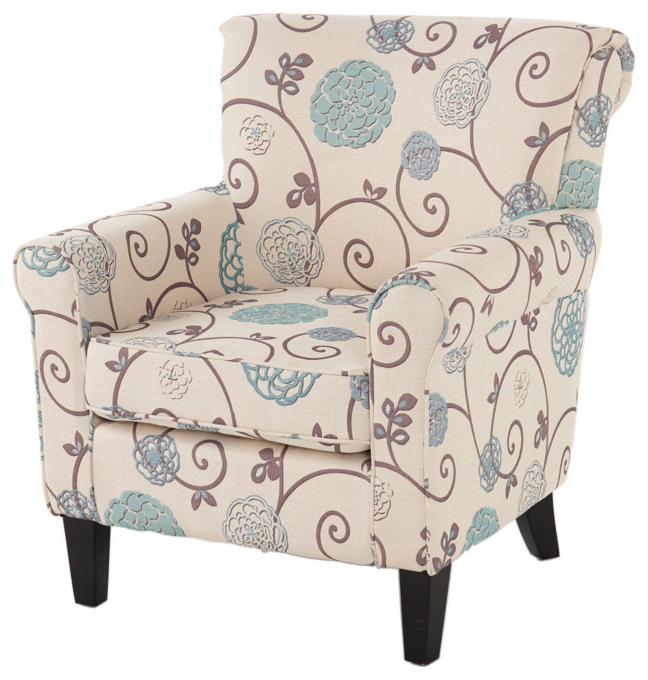 Comfortable Accent Chair, Floral Patterned Polyester Upholstery With Rolled Arms