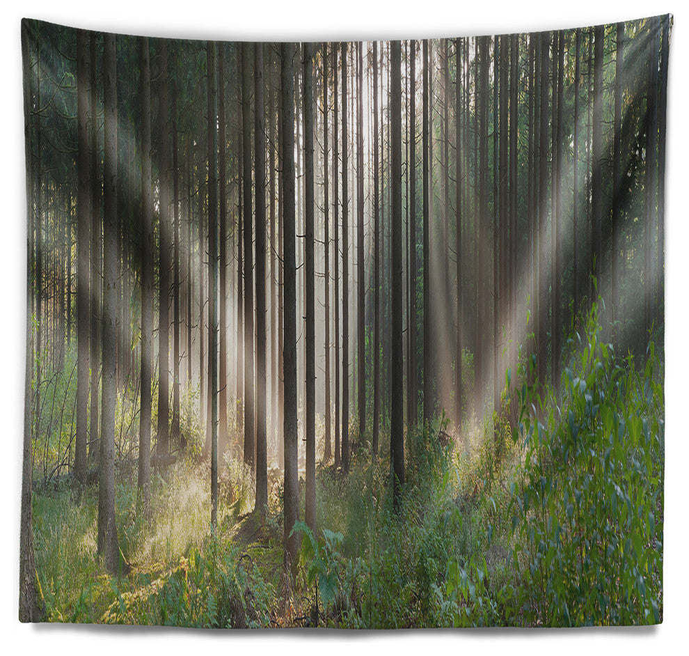 Green Forest in Mist Panorama Landscape Wall Tapestry, 92"x78"