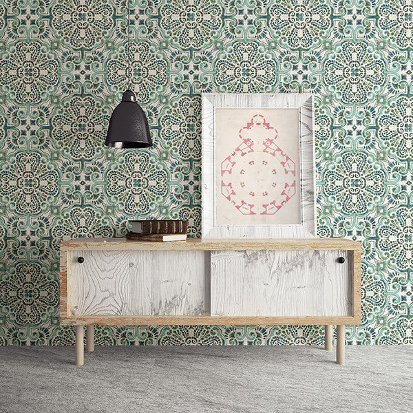 Florentine Tile Pattern Wallpaper, Green, Bolt