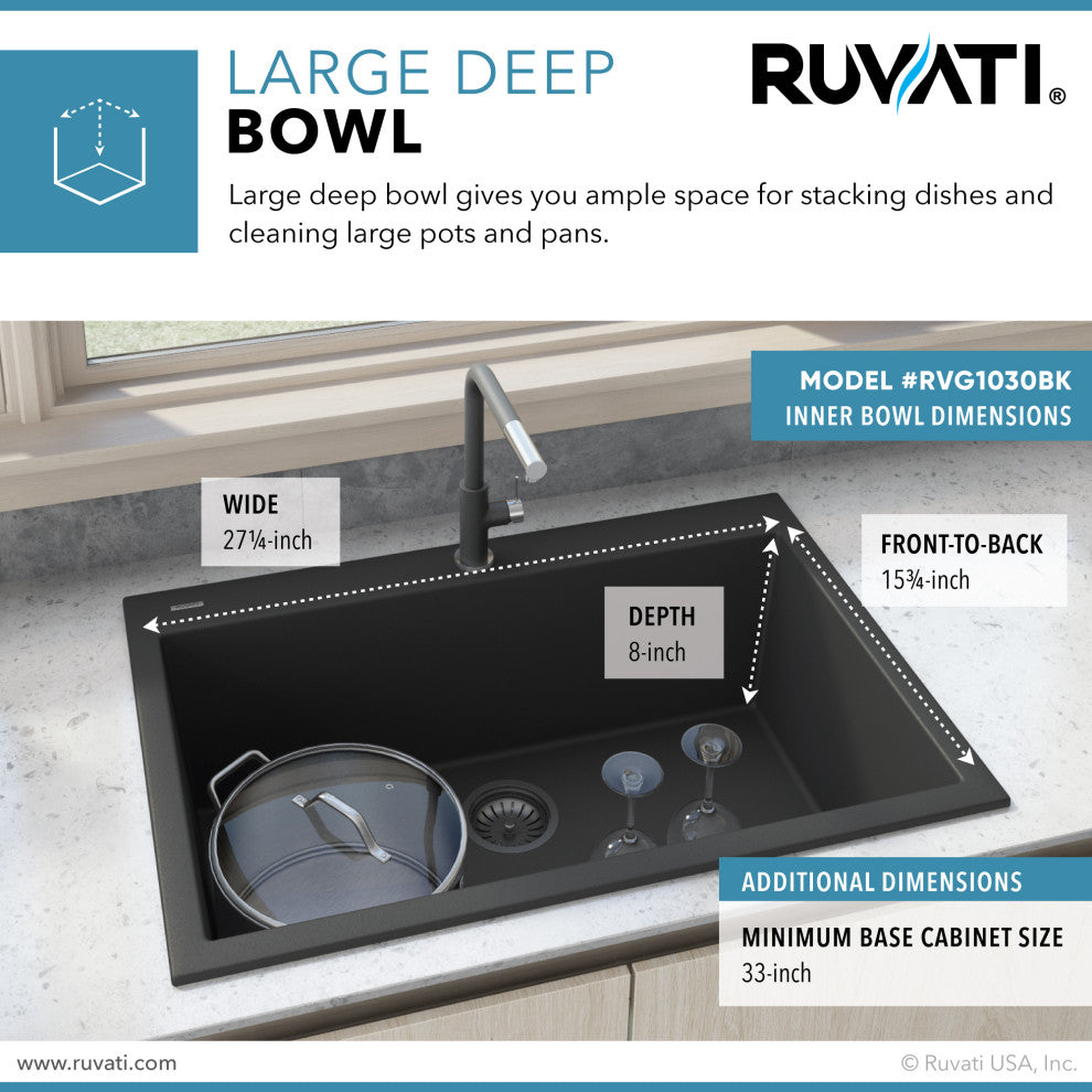 30-inch inch Dual-Mount Granite Composite Sink - Midnight Black - RVG1030BK