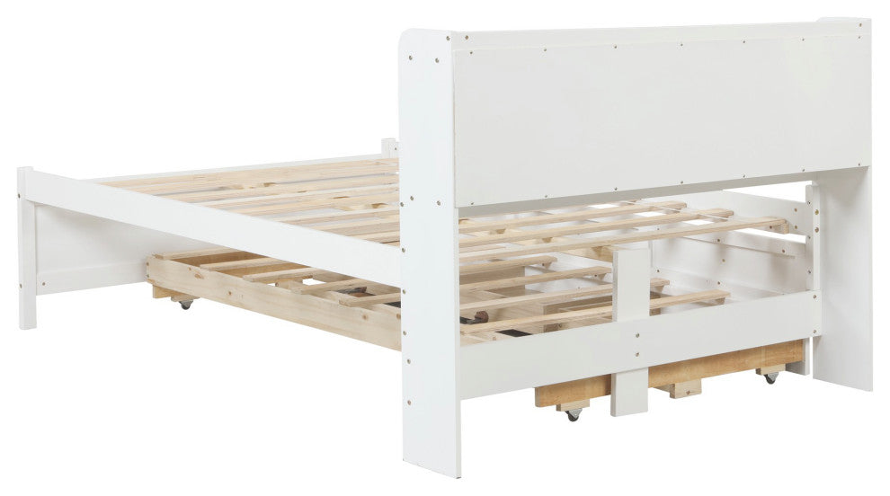 Full/Twin Wood Frame Platform Bed with Trundle and Drawers, White, Full