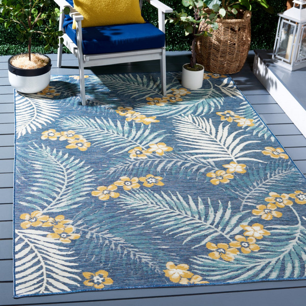Safavieh Sunrise Collection SUN675 Indoor-Outdoor Rug, Ivory/Blue Gold, 4'x5'7"