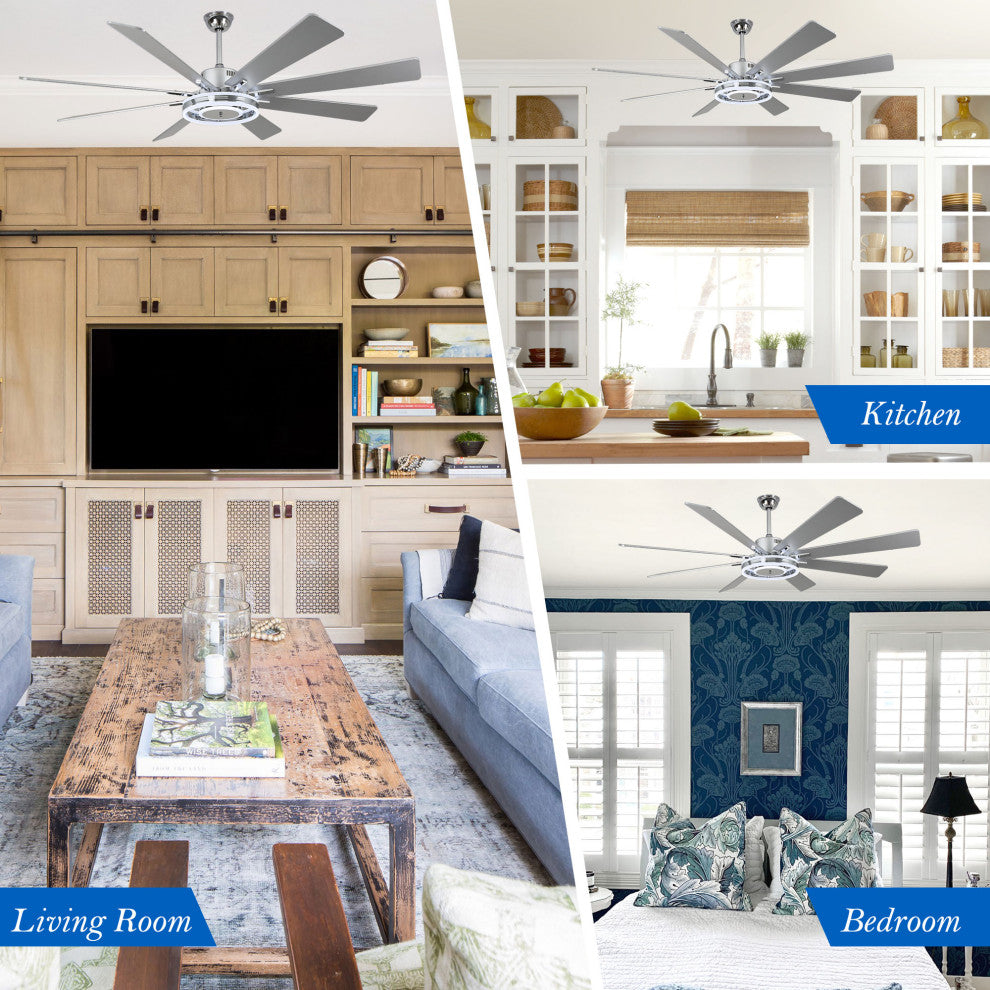 72" Large Ceiling Wood Blade Fan w LED Lights and Remote, Chrome