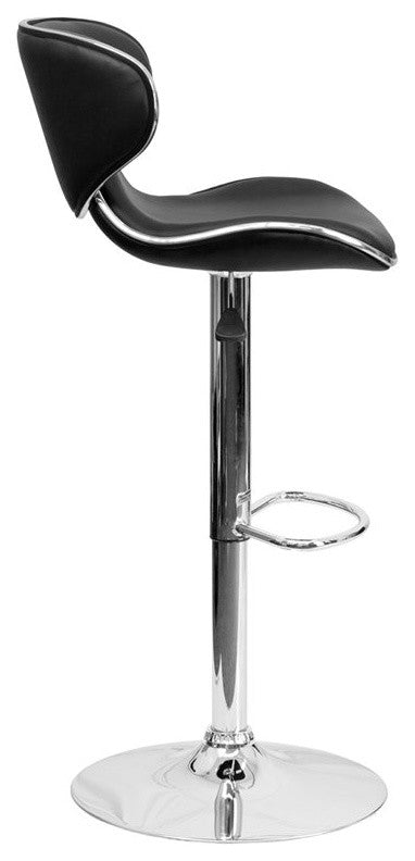 Estella Mid-Back Deep Curved Black Vinyl Swivel Adjustable Barstool