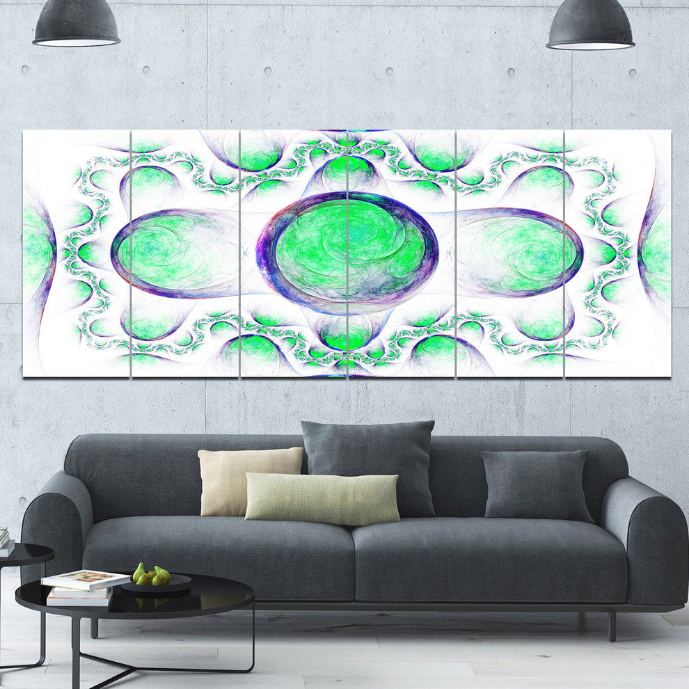 Green Exotic Pattern on White, Abstract Art on Canvas, 70"x28", 6 Panels