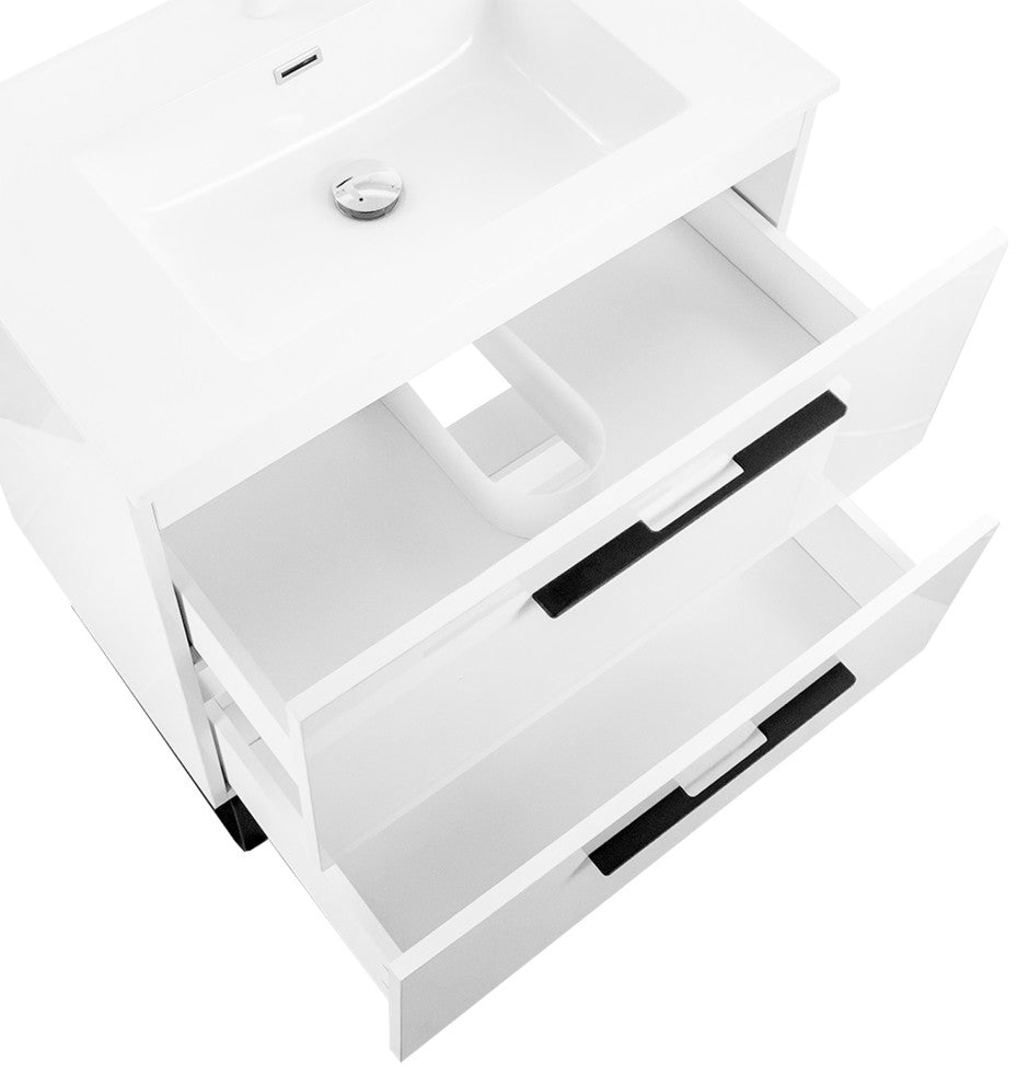 Free-Standing Single Bathroom Vanity, Acrylic Top, White High Gloss, 30"