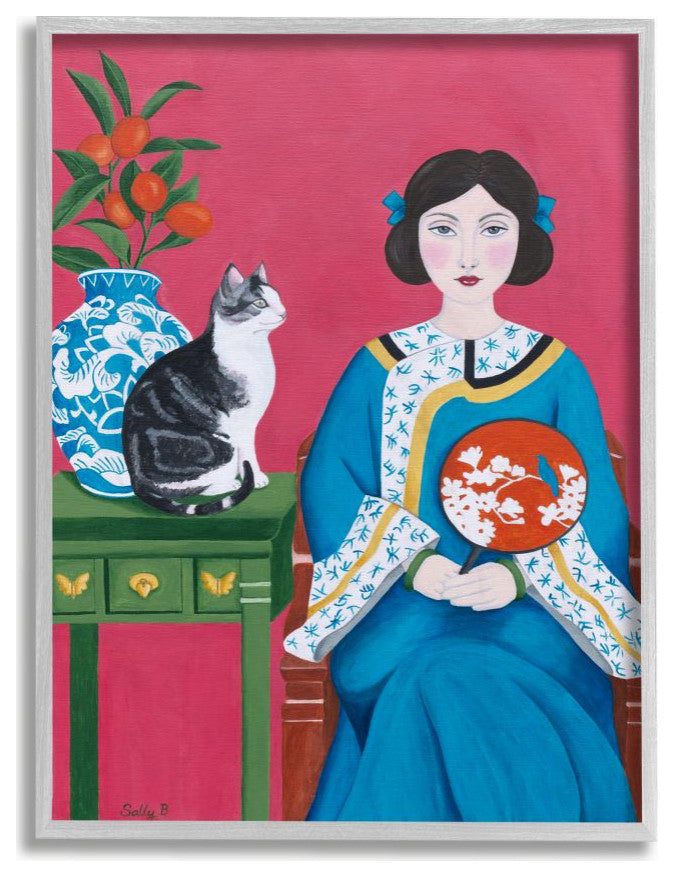 Chinese Woman And Cat Red Green Blue Painting, 11"x14"
