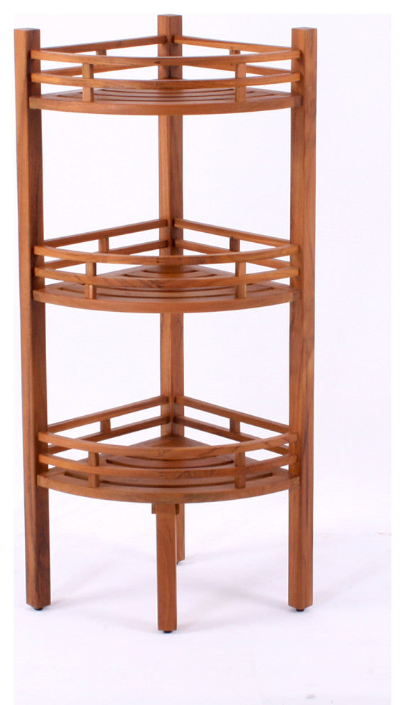Dussi Teak Wood Freestanding 3 Tier Corner Bathroom Storage Shelf