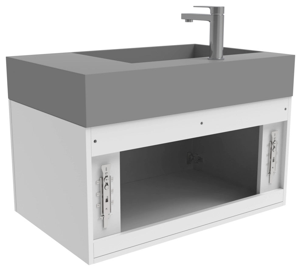 CastelloUSA Amazon 30" Left Wall Mounted Bathroom Vanity Set, White, Gray Top, Chrome Handles