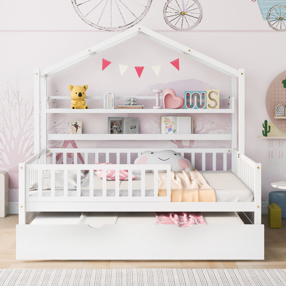 Gewnee Wood Full Size House Bed with Trundle for Kids in White