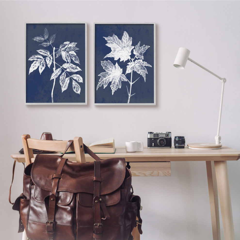 Maple Leaf Elm Stem Vintage Blue White Illustration,2pc, each 16 x 20