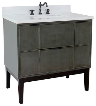 37" Single Vanity, Linen Gray Finish With Engineered Stone Top, Rectangle Sink