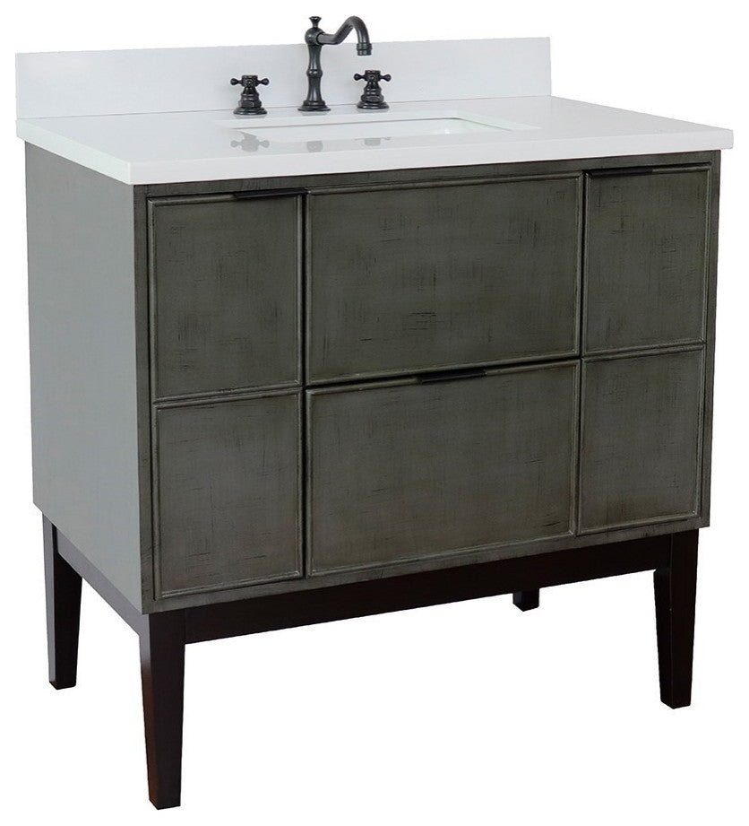 37" Single Vanity, Linen Gray Finish With Engineered Stone Top, Rectangle Sink