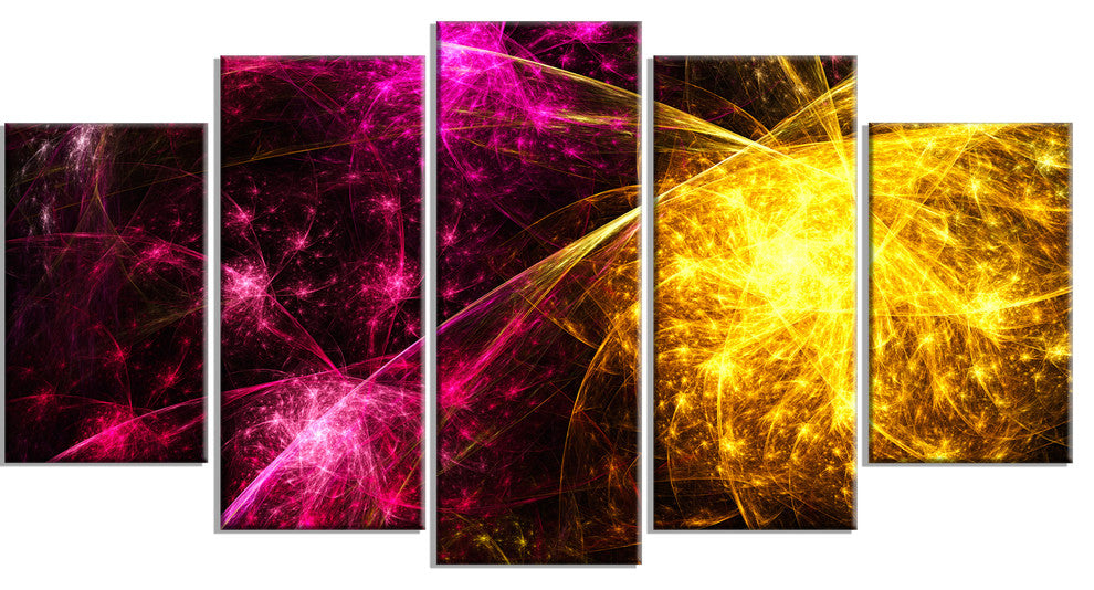 Yellow Pink Colorful Fireworks, Contemporary Canvas Art Print, 60"x32", 5 Panels