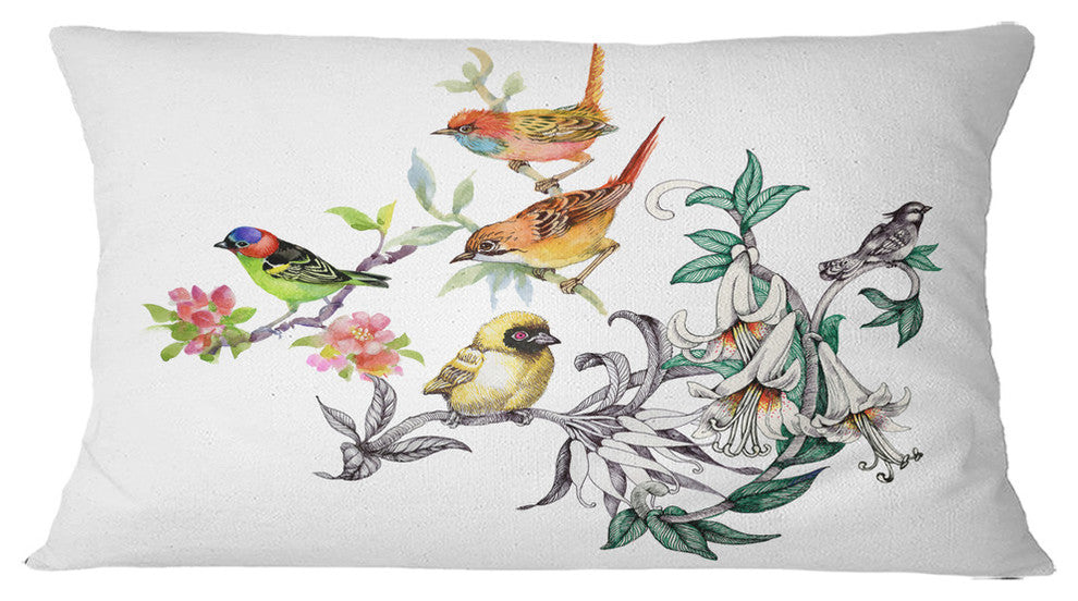 Tropical Flowers and Birds Birds Throw Pillow, 12"x20"