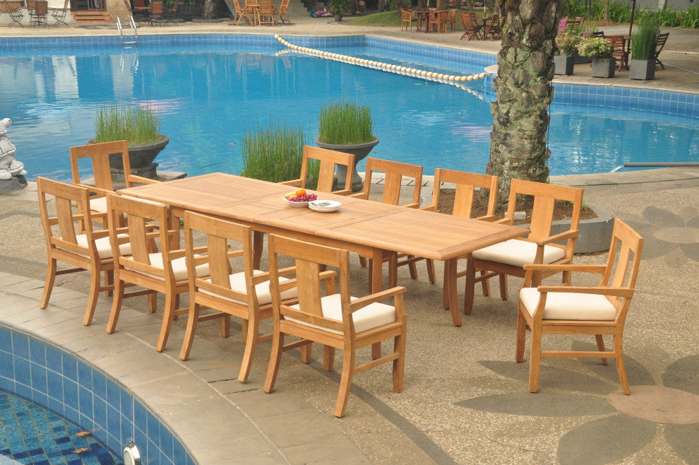 11-Piece Outdoor Teak Dining Set, 117" Extn Rectangle Table, 10 Osbo Arm Chairs