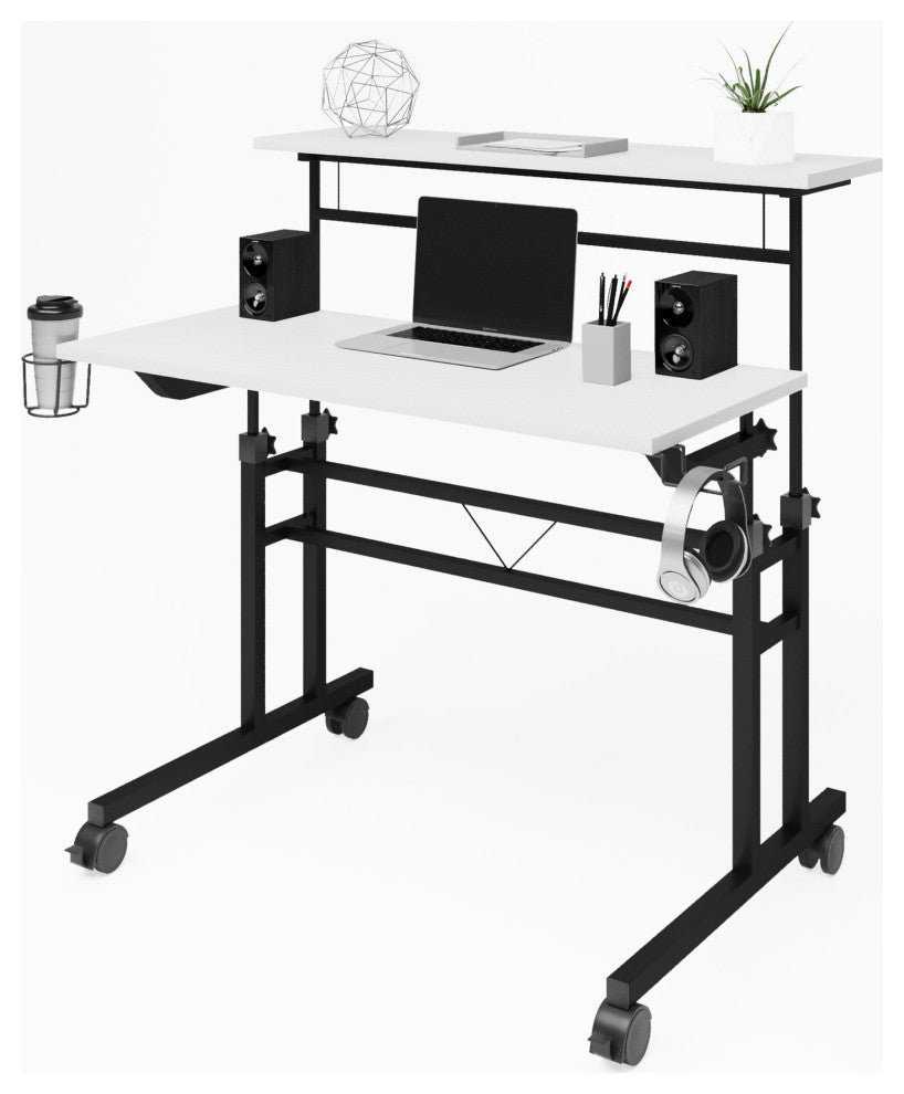 Rolling Writing Desk With Height Adjustable Desktop, White