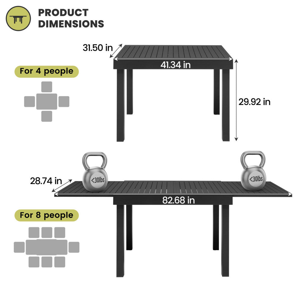 4-8 Person Expandable Aluminum Outdoor Patio Dining Table Dark Gray, Gray