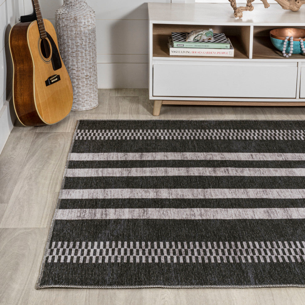 Vichy Geometric Striped Machine-Washable Area Rug, Black/Ivory, 8x10