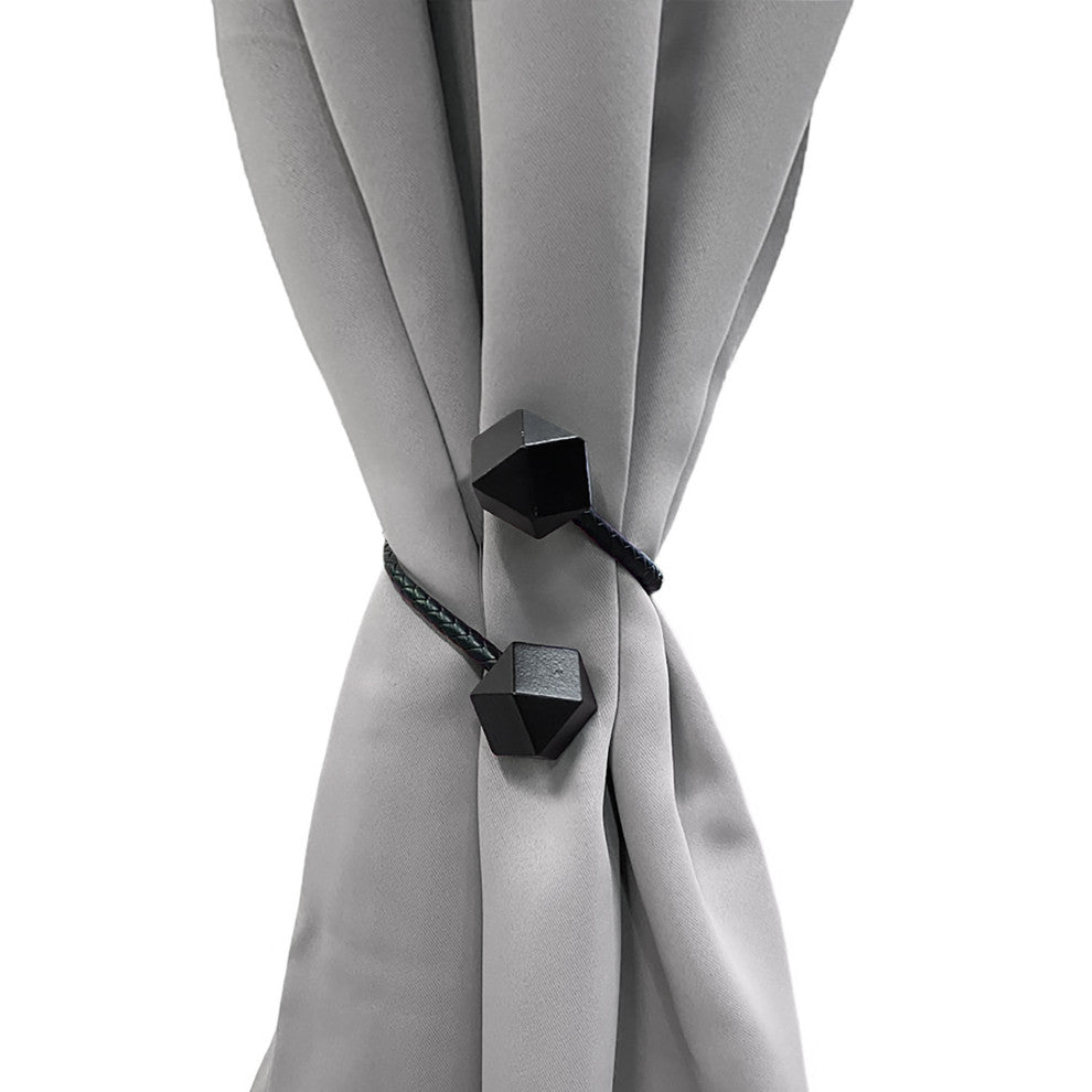 Faux Leather Curtain Tiebacks with Wooden Tips "“ No Installation Needed, Black, Pack of 1