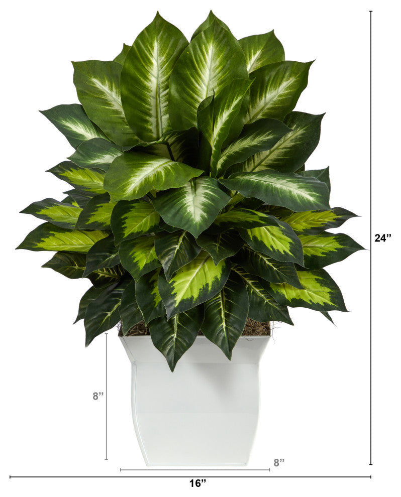 2' Golden Dieffenbachia Artificial Plant, White Metal Planter