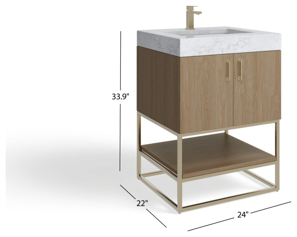 Bahia Bath Vanity, Oak, 24", Brushed Gold Hardware, Single, Freestanding