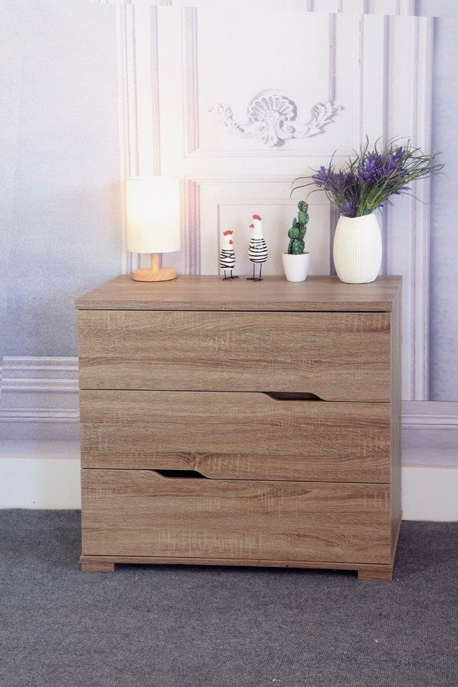 Commodious 3 Drawer Storage Chest With Metal Glides, Brown Finish.
