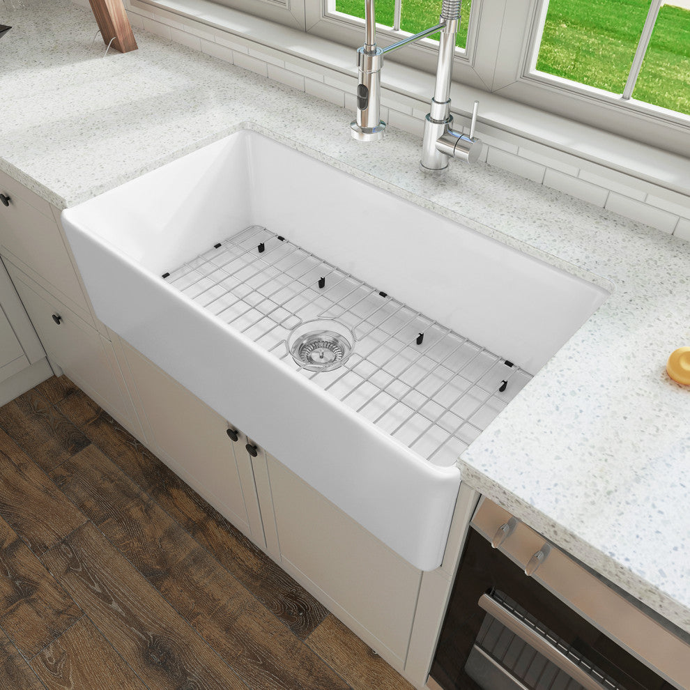 Sinber Farmhouse Apron Single Bowl Kitchen Sink with Fireclay 2 Accessories, White, 33" X 18"
