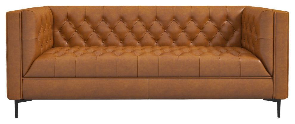 Houston Mid-Century Modern Luxury Chesterfield Genuine Leather Sofa, Cognac
