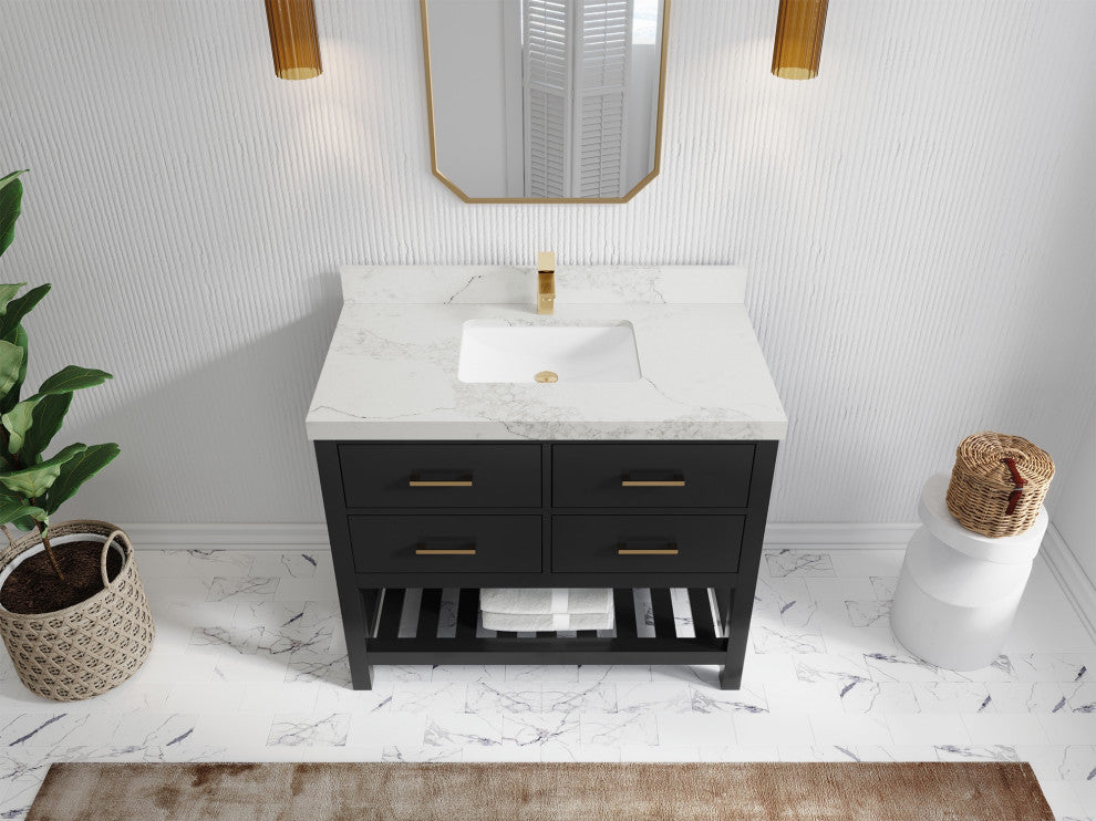 Parker 42" Single Sink Bath Vanity, Black 2" Calacatta Nuvo